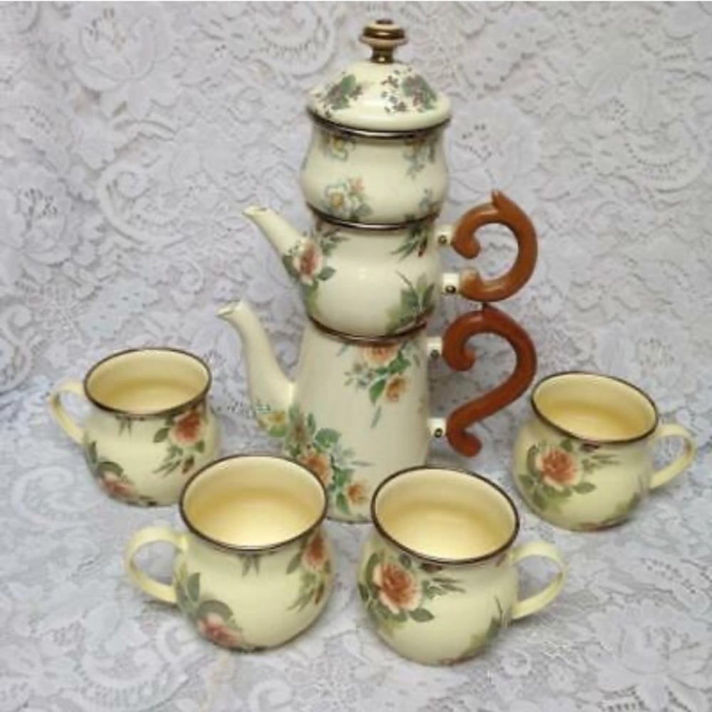 1983 Camp MacKenzie Childs Ltd., Beige Floral Enamelware, 8pcTea or CampSet