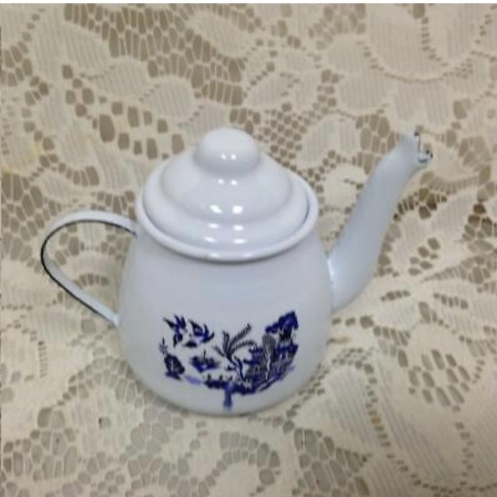 Vintage 12-pc Blue Willow Enamelware, Child’s Tea Set