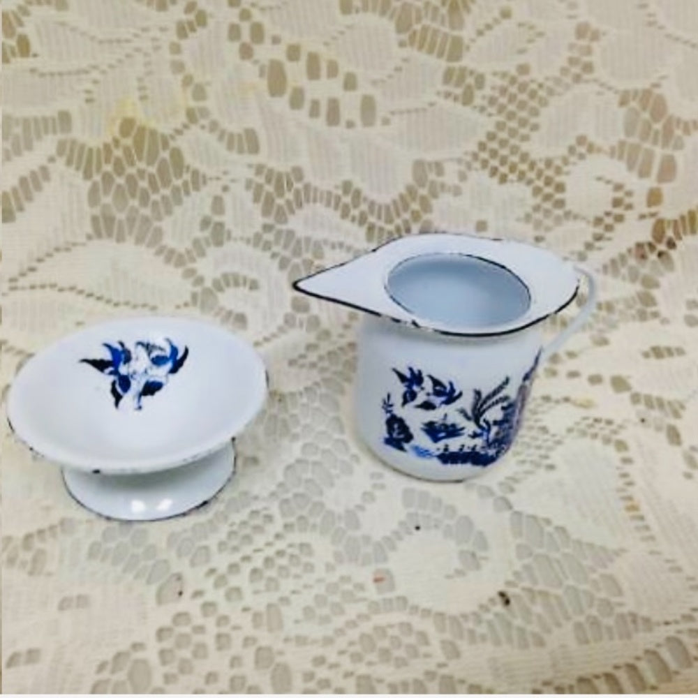 Vintage 12-pc Blue Willow Enamelware, Child’s Tea Set
