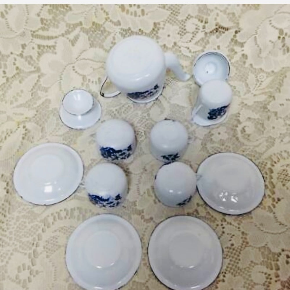Vintage 12-pc Blue Willow Enamelware, Child’s Tea Set