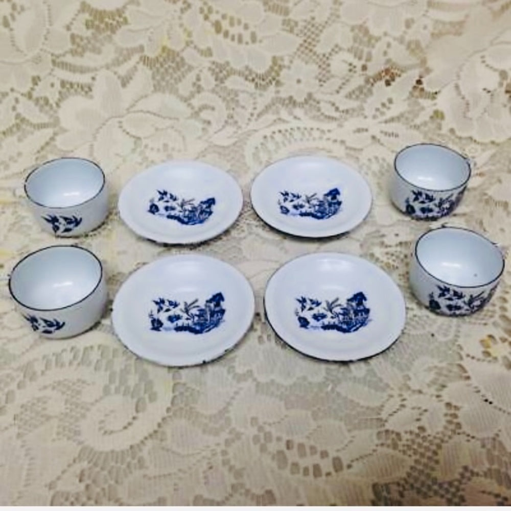 Vintage 12-pc Blue Willow Enamelware, Child’s Tea Set