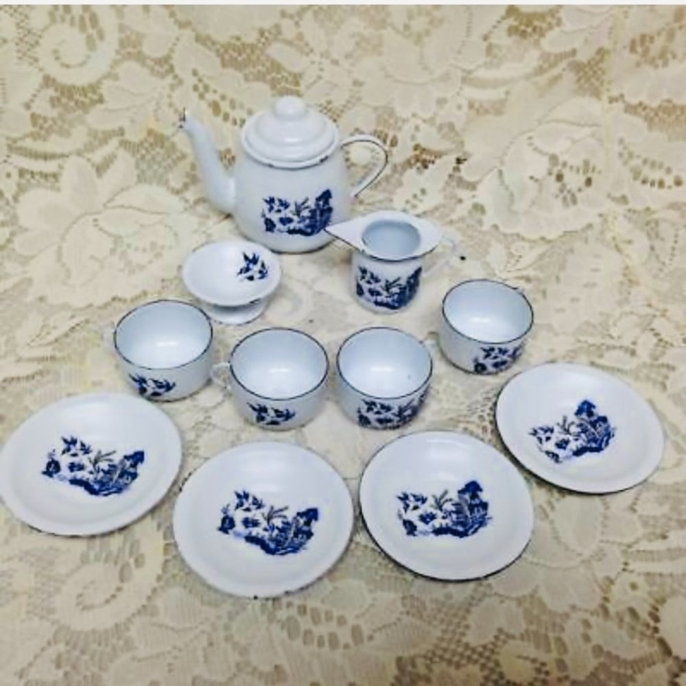 Vintage 12-pc Blue Willow Enamelware, Child’s Tea Set