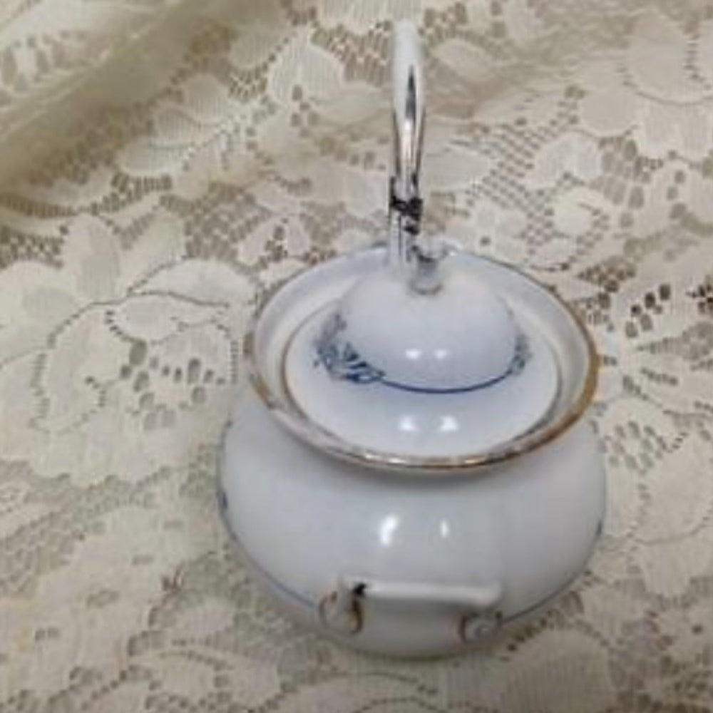 Antique, Germany, 9-pc White Enamelware with Trim, Child's Soup Tureen Set for 6