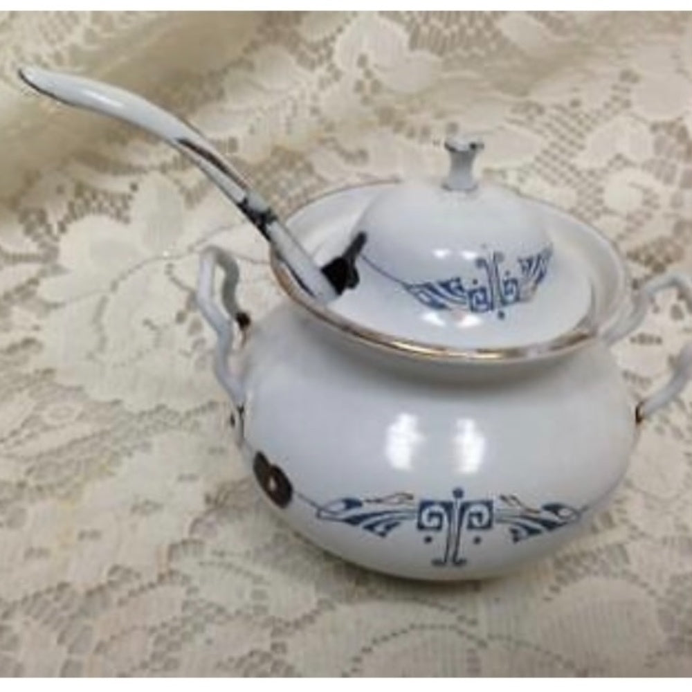 Antique, Germany, 9-pc White Enamelware with Trim, Child's Soup Tureen Set for 6