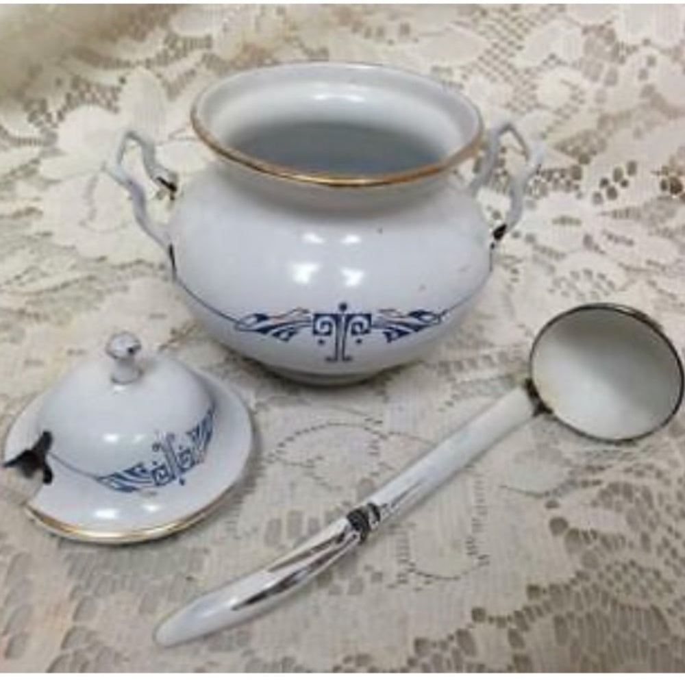 Antique, Germany, 9-pc White Enamelware with Trim, Child's Soup Tureen Set for 6