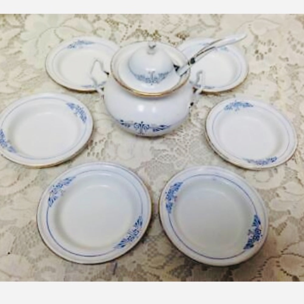 Antique, Germany, 9-pc White Enamelware with Trim, Child's Soup Tureen Set for 6
