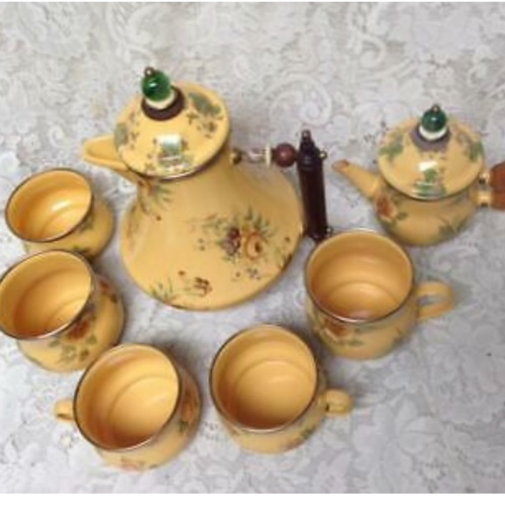 Vintage, MacKenzie Childs Mustard Yellow Floral Enamelware 9pcTea Set
