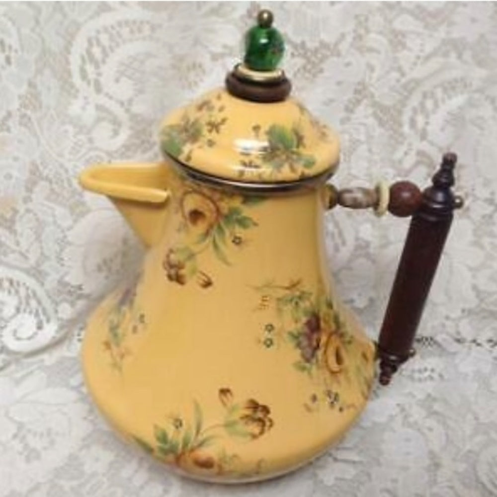 Vintage, MacKenzie Childs Mustard Yellow Floral Enamelware 9pcTea Set