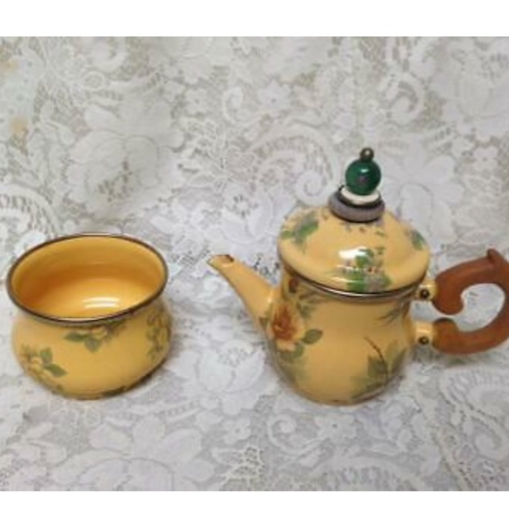 Vintage, MacKenzie Childs Mustard Yellow Floral Enamelware 9pcTea Set