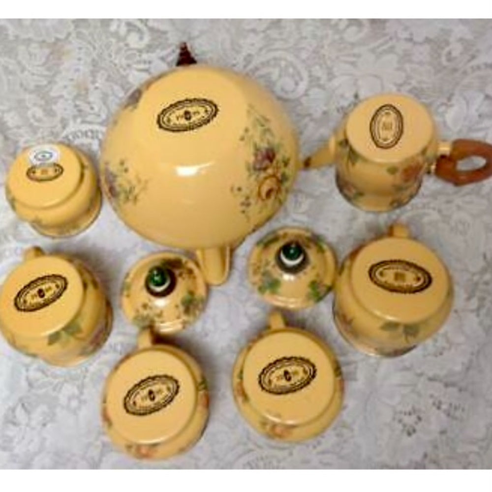 Vintage, MacKenzie Childs Mustard Yellow Floral Enamelware 9pcTea Set