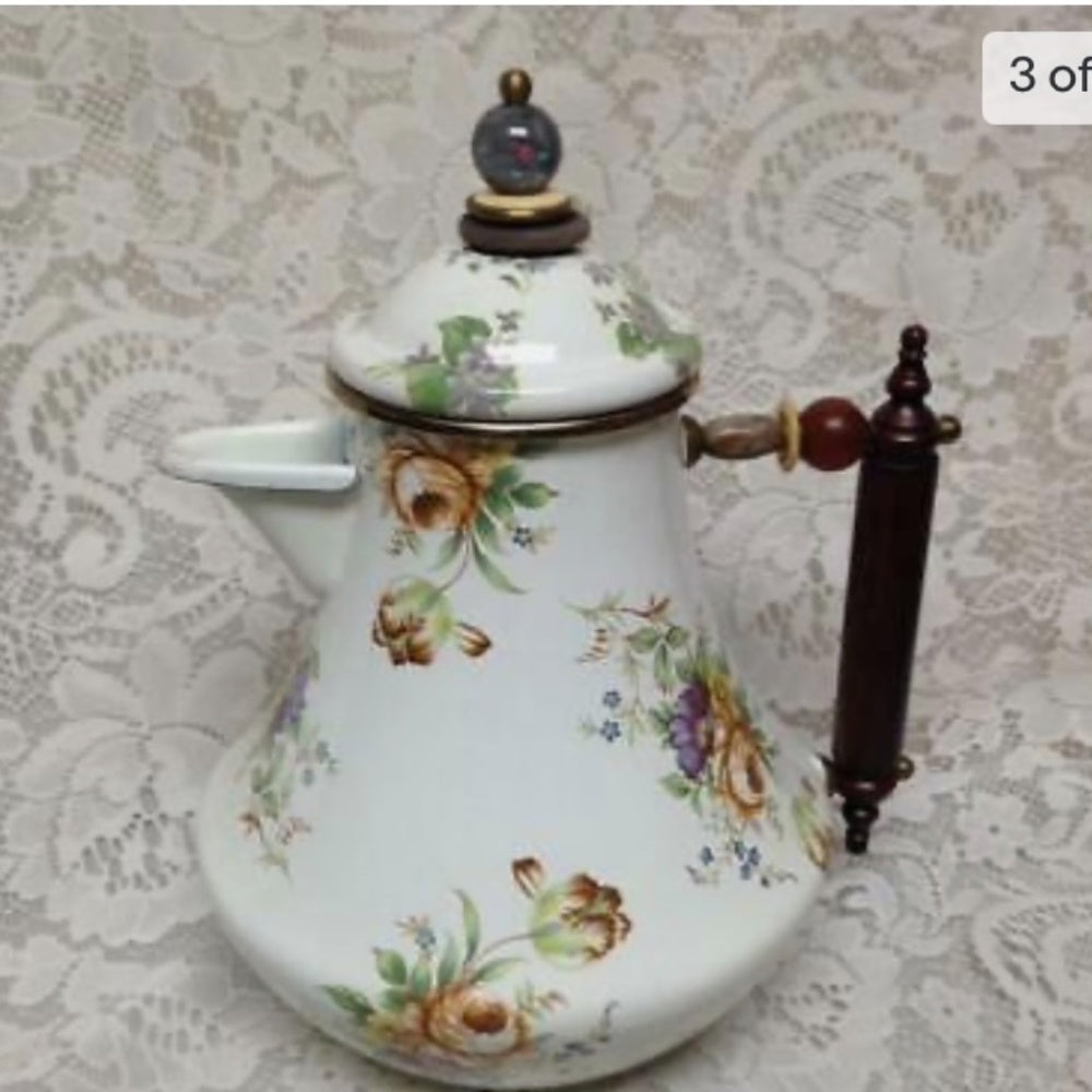 Vintage, MacKenzie Childs White Floral Enamelware 7pcTea Set