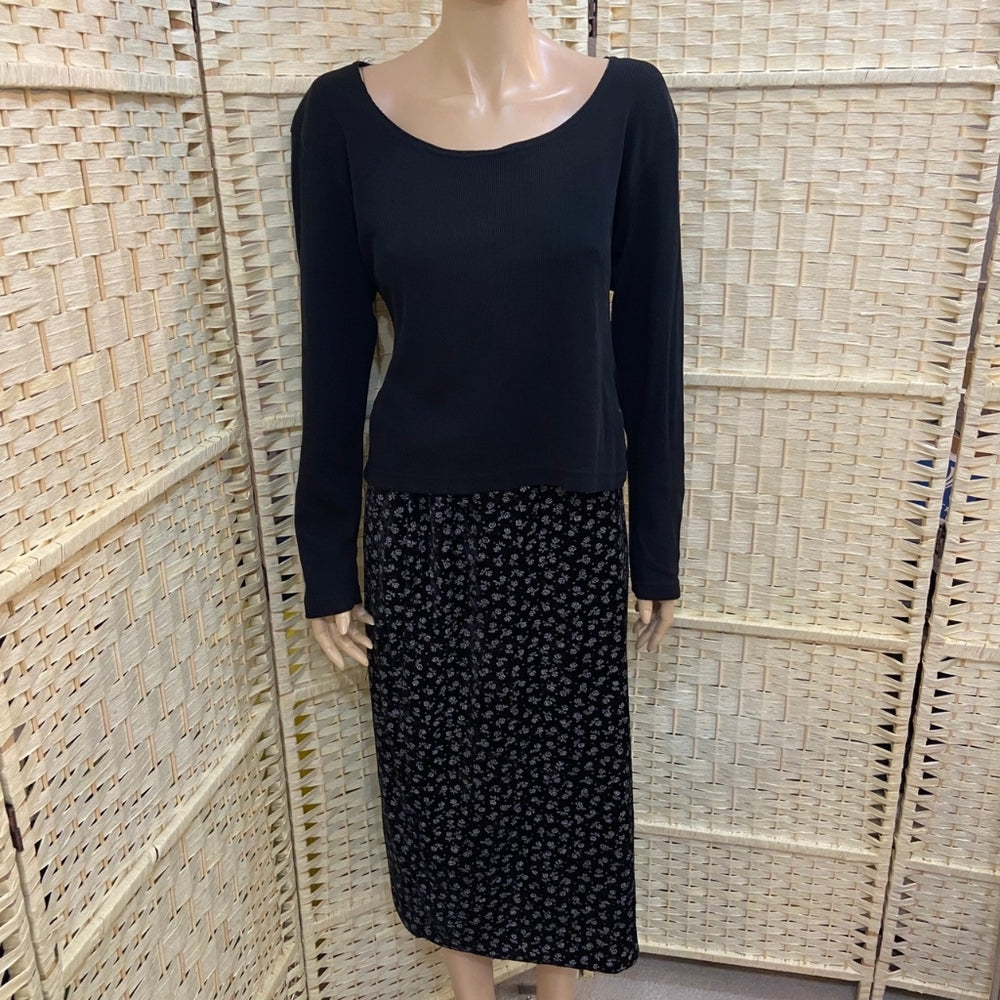 Black Longsleeve Top with Velvety Rose Printed Skirt Set