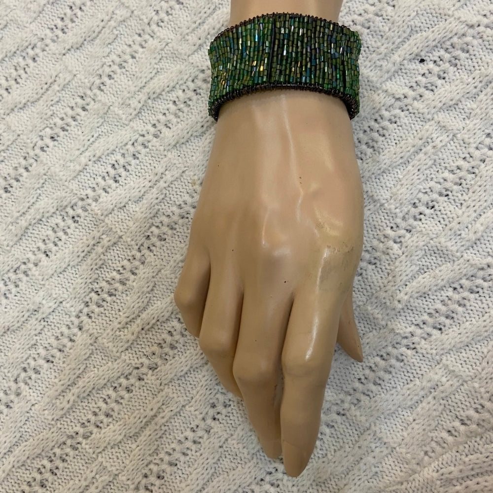 Iridescent Green Beads Cuff Bangle