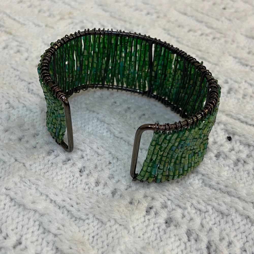 Iridescent Green Beads Cuff Bangle