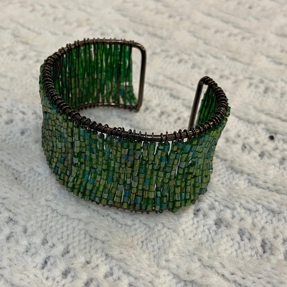 Iridescent Green Beads Cuff Bangle