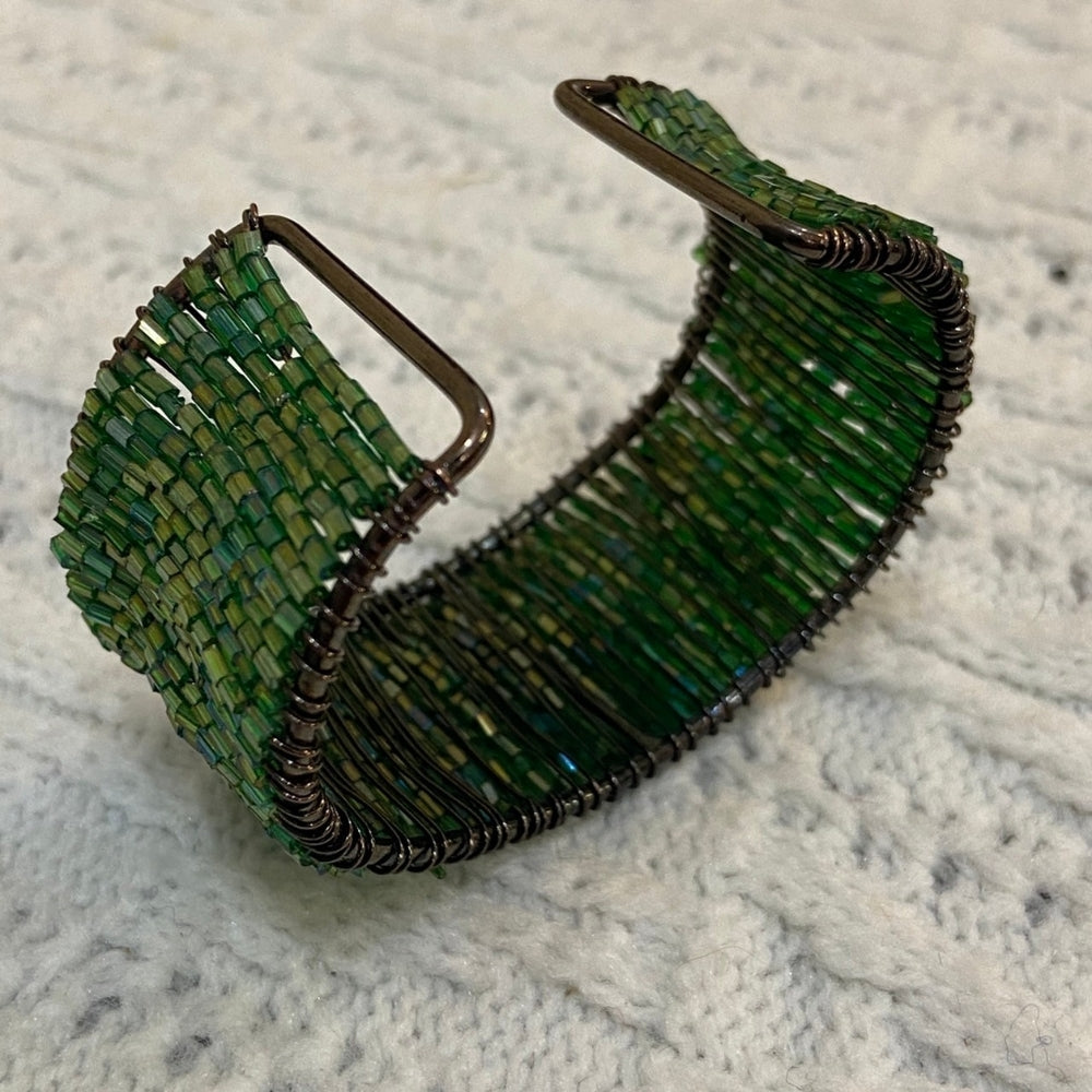 Iridescent Green Beads Cuff Bangle