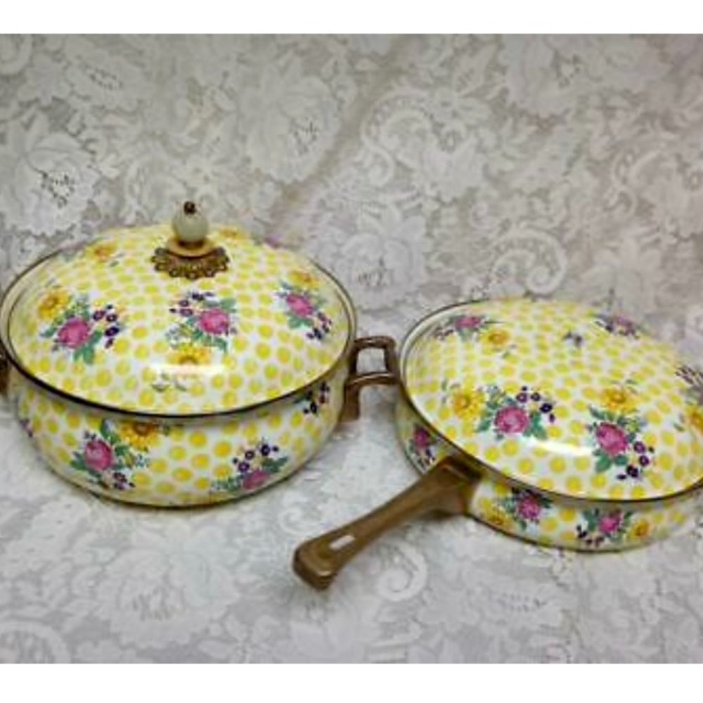 MacKenzie Childs Buttercup 4pc Enamel Cookware -5qts Covered Pot and Skillet