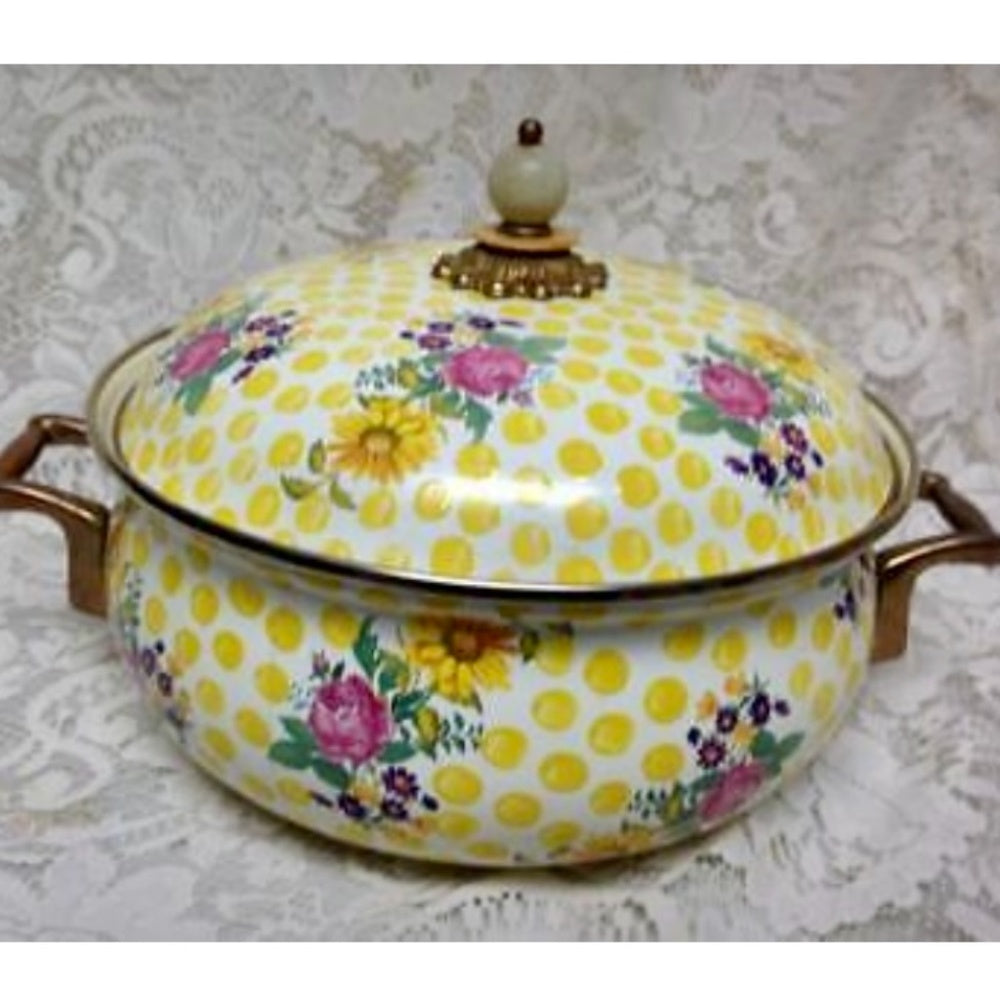 MacKenzie Childs Buttercup 4pc Enamel Cookware -5qts Covered Pot and Skillet