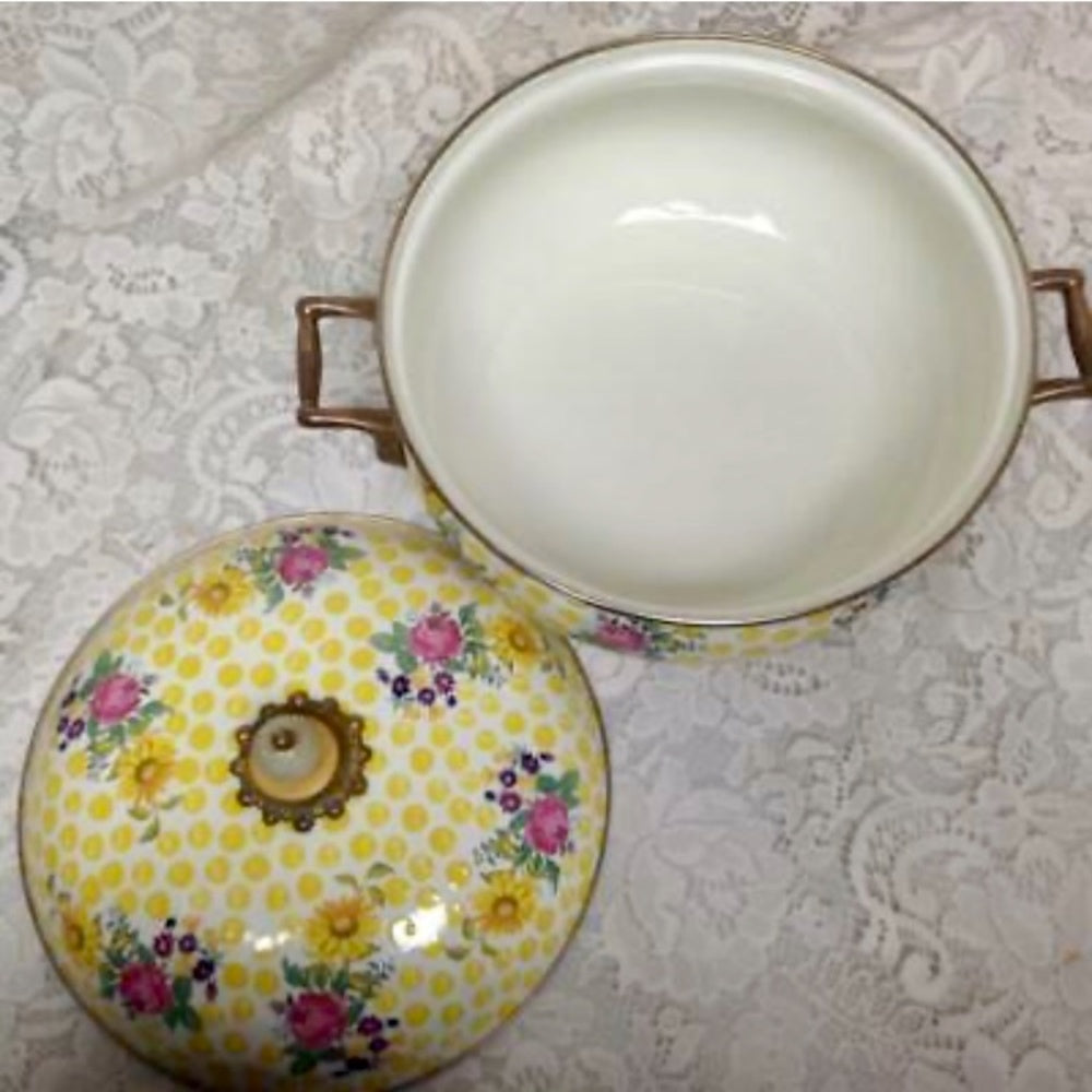 MacKenzie Childs Buttercup 4pc Enamel Cookware -5qts Covered Pot and Skillet