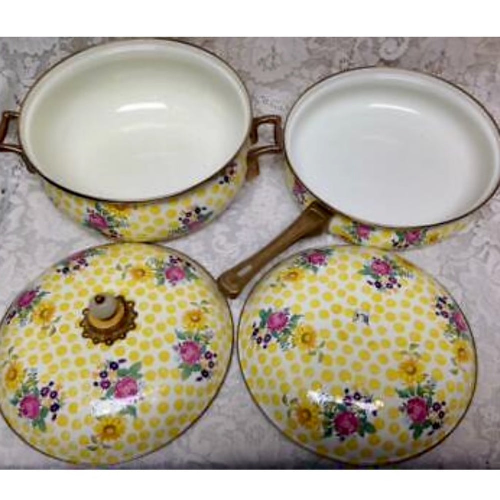 MacKenzie Childs Buttercup 4pc Enamel Cookware -5qts Covered Pot and Skillet