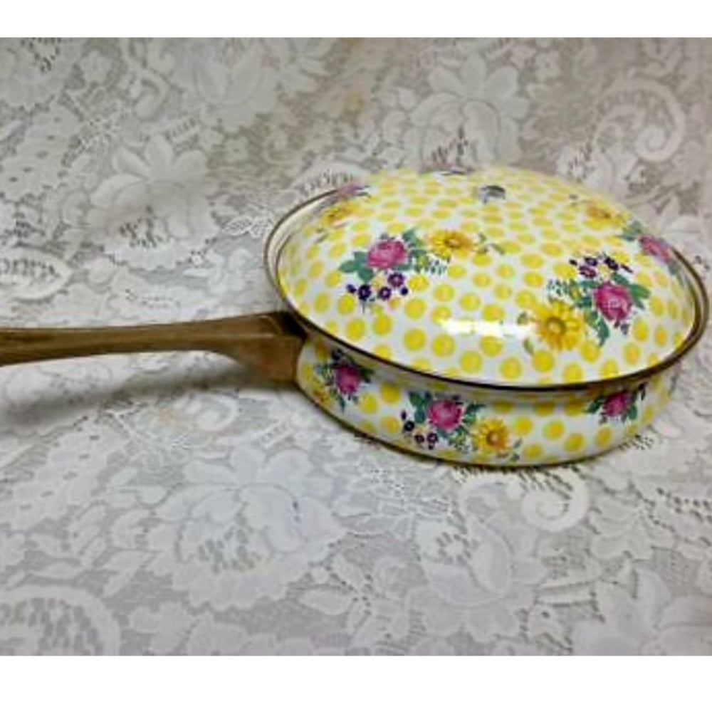 MacKenzie Childs Buttercup 4pc Enamel Cookware -5qts Covered Pot and Skillet