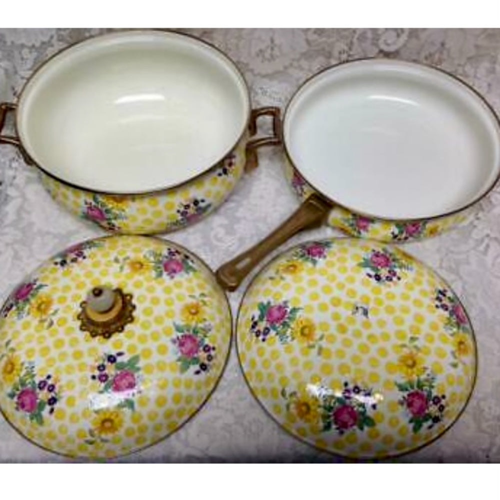 MacKenzie Childs Buttercup 4pc Enamel Cookware -5qts Covered Pot and Skillet