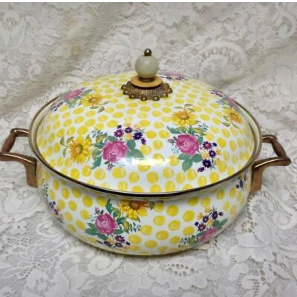 MacKenzie Childs Buttercup 4pc Enamel Cookware -5qts Covered Pot and Skillet