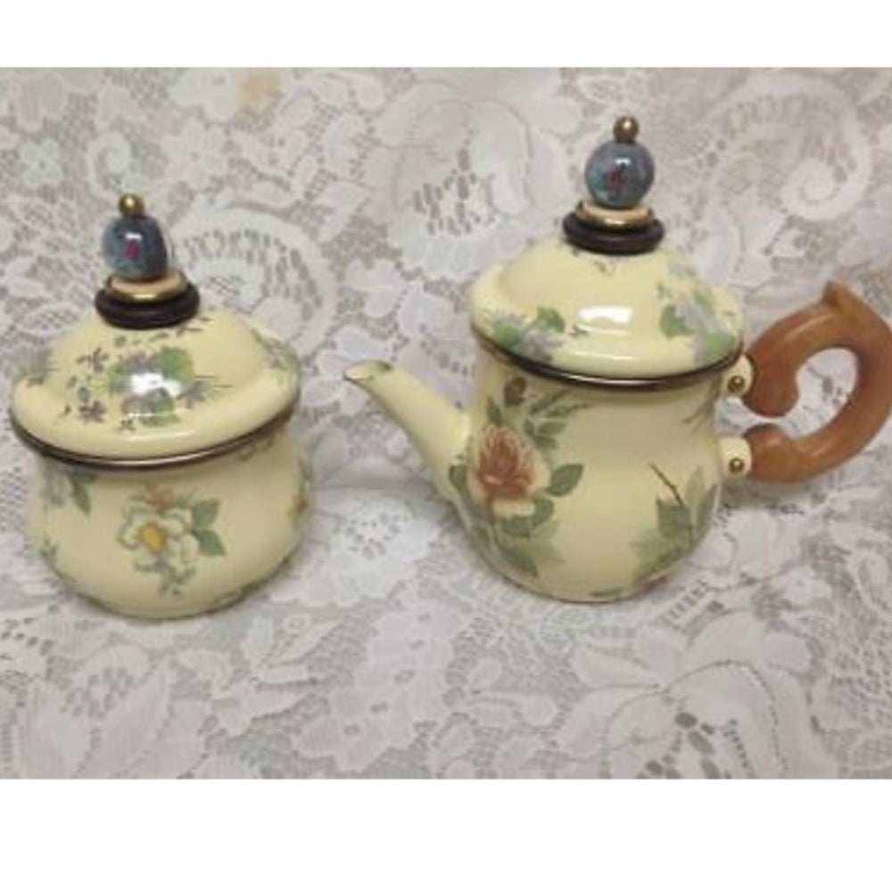 1983 Camp MacKenzie Childs Ltd., Beige Floral Enamelware, 7pcTea Set