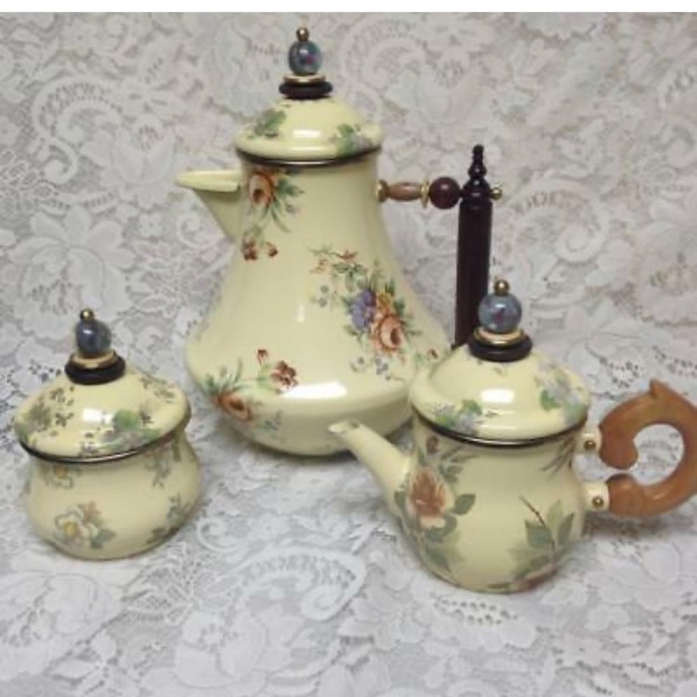 1983 Camp MacKenzie Childs Ltd., Beige Floral Enamelware, 7pcTea Set