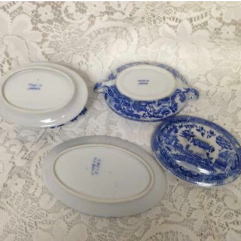 Vintage Made in Japan, Blue Willow 21pc Child’s Tea-Dinner Set with Pink Basket