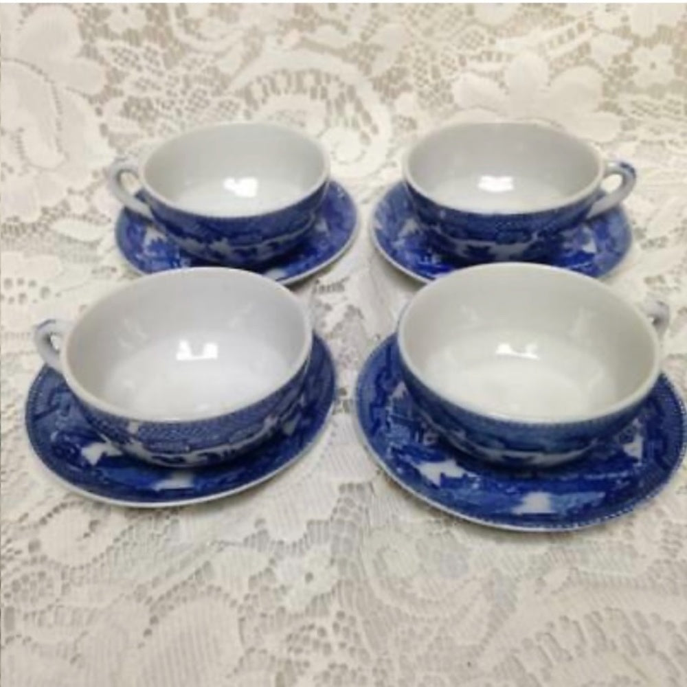 Vintage Made in Japan, Blue Willow 21pc Child’s Tea-Dinner Set with Pink Basket