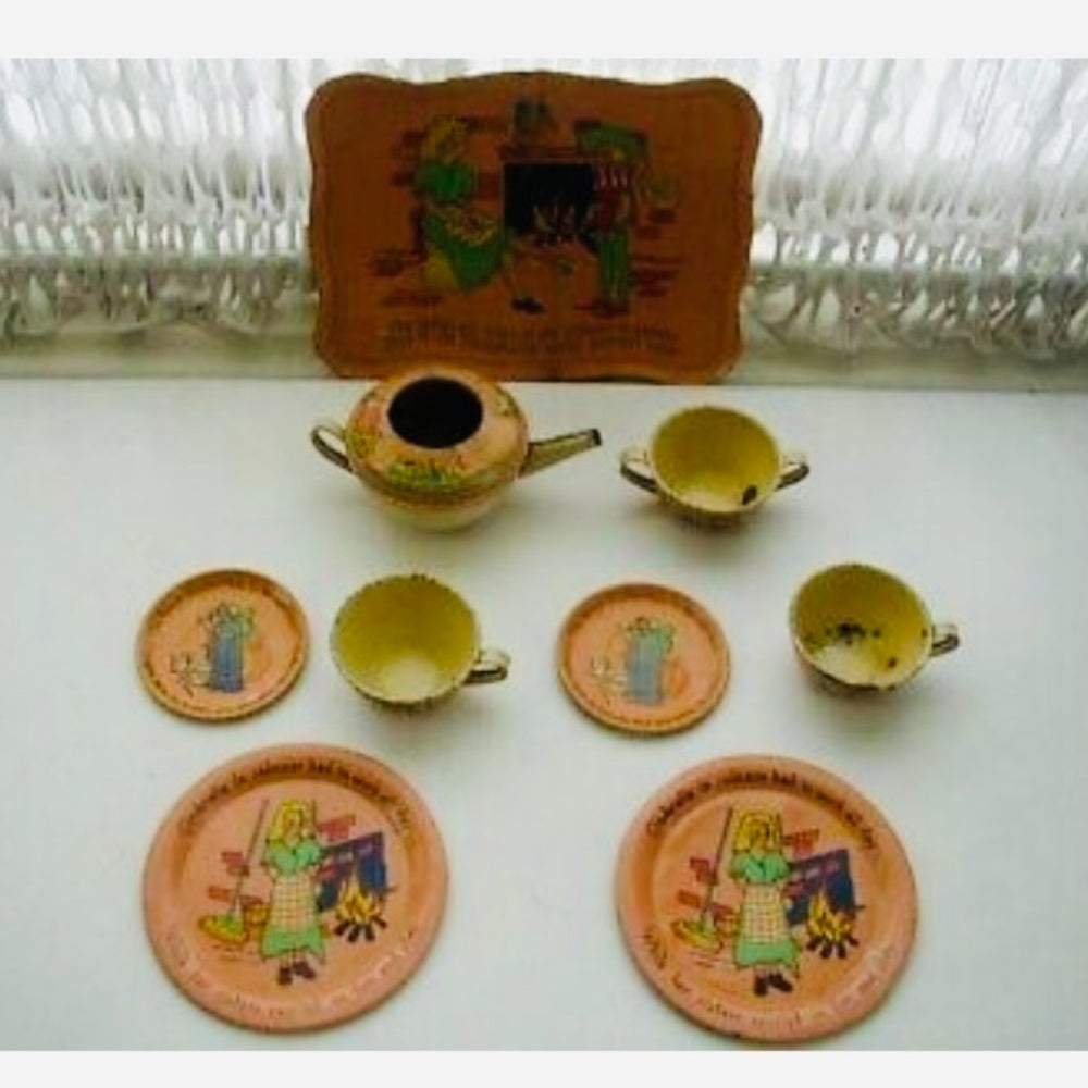 1930s Ohio Art, Fern B. Peat Cinderella 9-pc Child’s Tin Tea Set