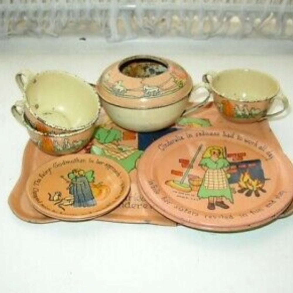 1930s Ohio Art, Fern B. Peat Cinderella 9-pc Child’s Tin Tea Set