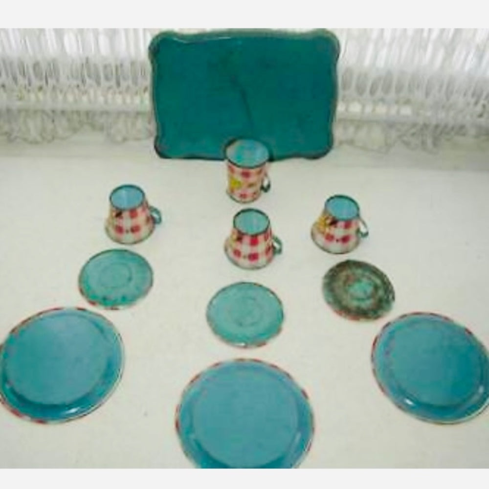 Rare, 1930s Ohio Art, FB Peat’s Humpty Dumpty 11-pc Childs Tin Tea Set