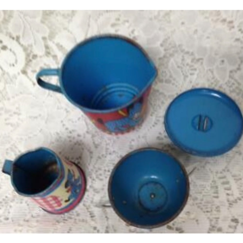 1940-50s Ohio Art, Red Plaid 14-pc Child’s Tin Tea Set