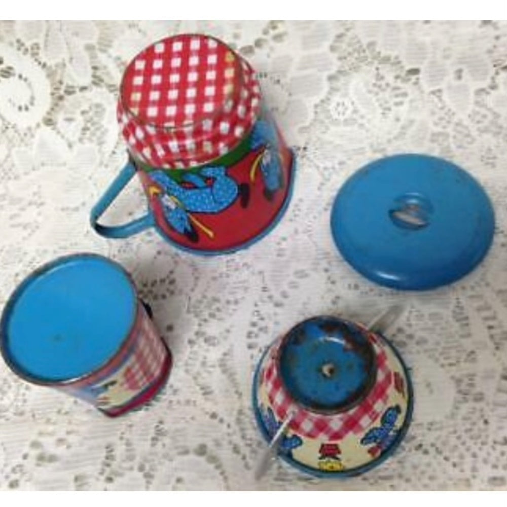 1940-50s Ohio Art, Red Plaid 14-pc Child’s Tin Tea Set