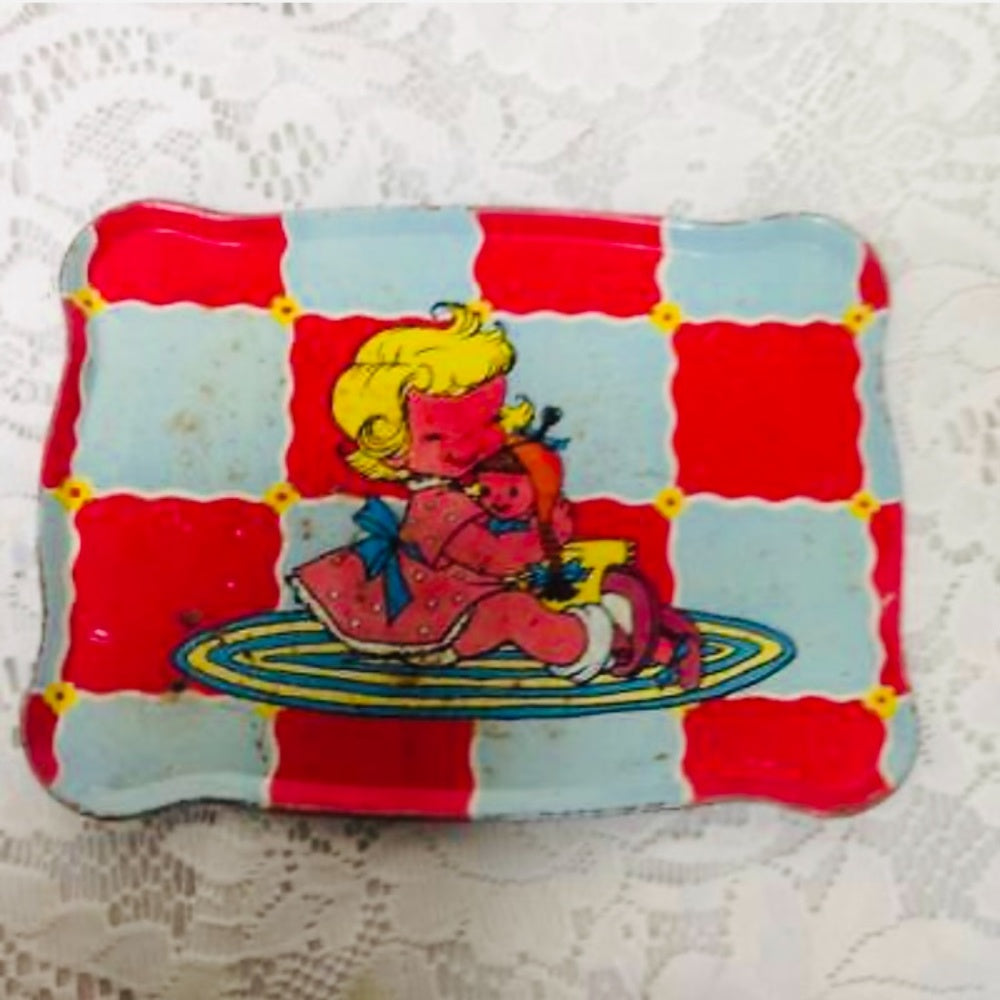 1950 Ohio Art, Girl with Dolly, 7-pc Child’s Tin Tea Set