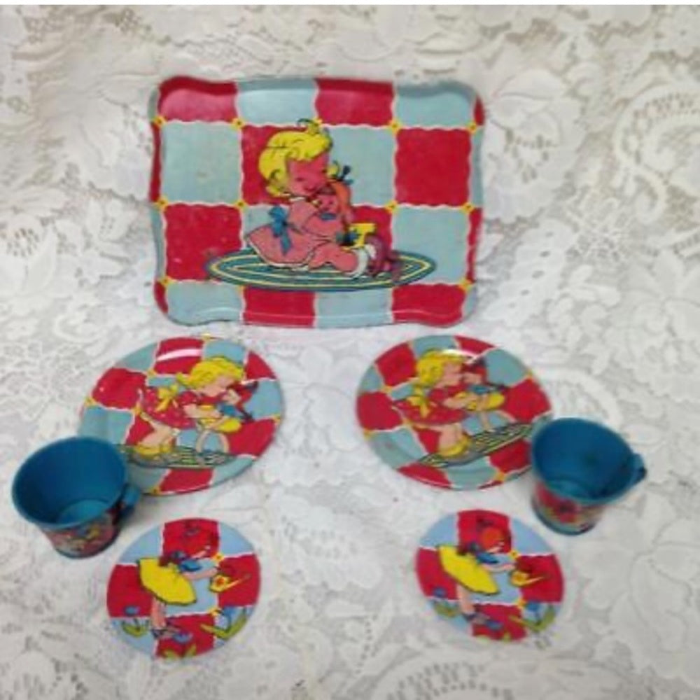 1950 Ohio Art, Girl with Dolly, 7-pc Child’s Tin Tea Set