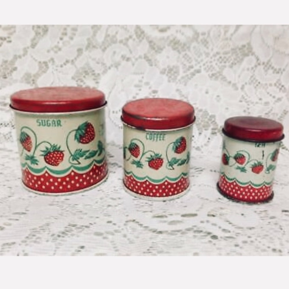 Rare 1950s Child’s Wolverine Strawberry 6-pc Canister Set