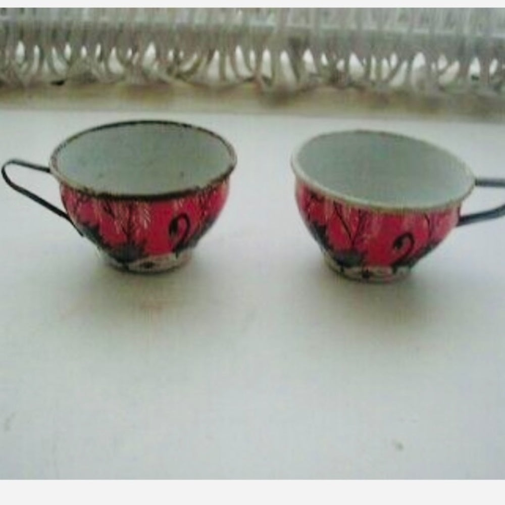 1956 Ohio Art, Pink Willow with Swans Child’s Tin Tea Set