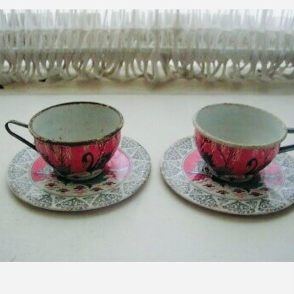 1956 Ohio Art, Pink Willow with Swans Child’s Tin Tea Set