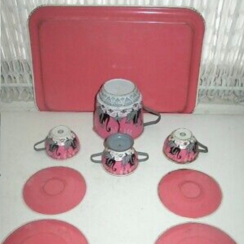 1956 Ohio Art, Pink Willow with Swans Child’s Tin Tea Set