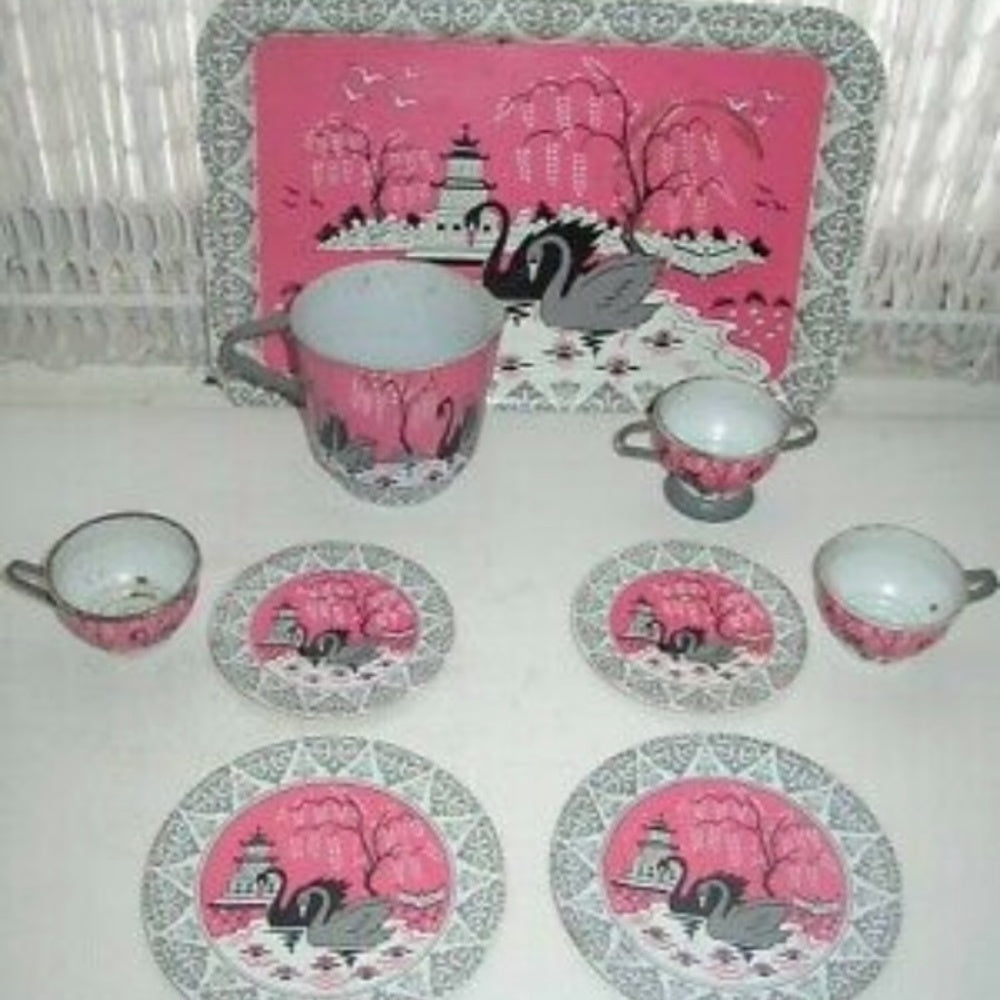 1956 Ohio Art, Pink Willow with Swans Child’s Tin Tea Set