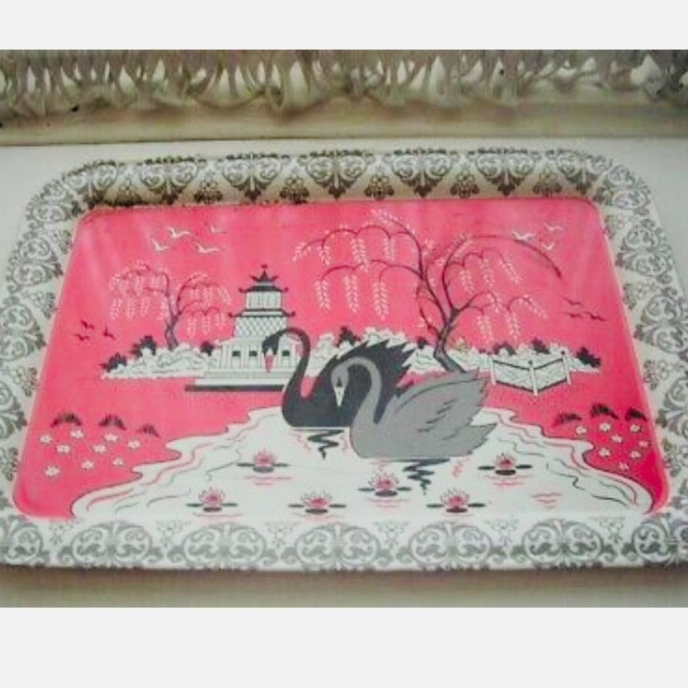 1956 Ohio Art, Pink Willow with Swans Child’s Tin Tea Set