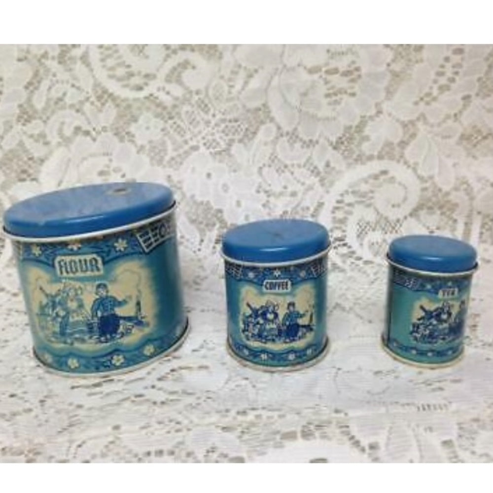 Rare 1948 Child’s Wolverine Delft 7-pc Canister Set