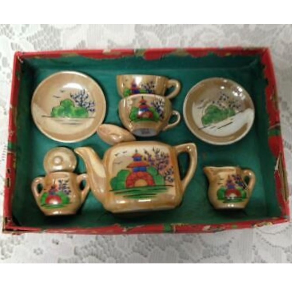 Rare 1945-52, Occupied Japan, Gaudy Blue Willow 9pc Childs Tea Set in Orig. Box