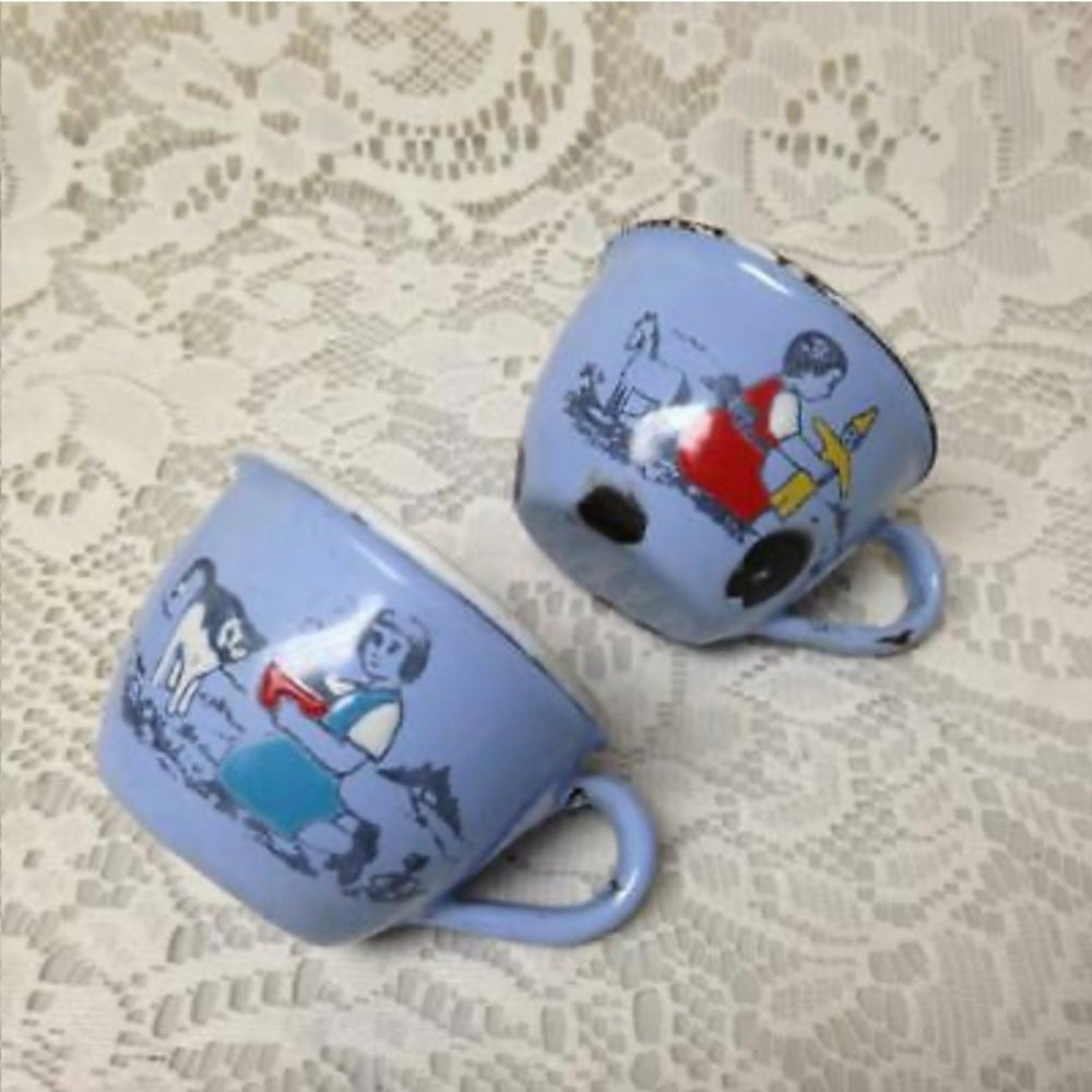 Antique, Rare, Germany, Sky Blue Enamelware, 6pc Childs Tea Set