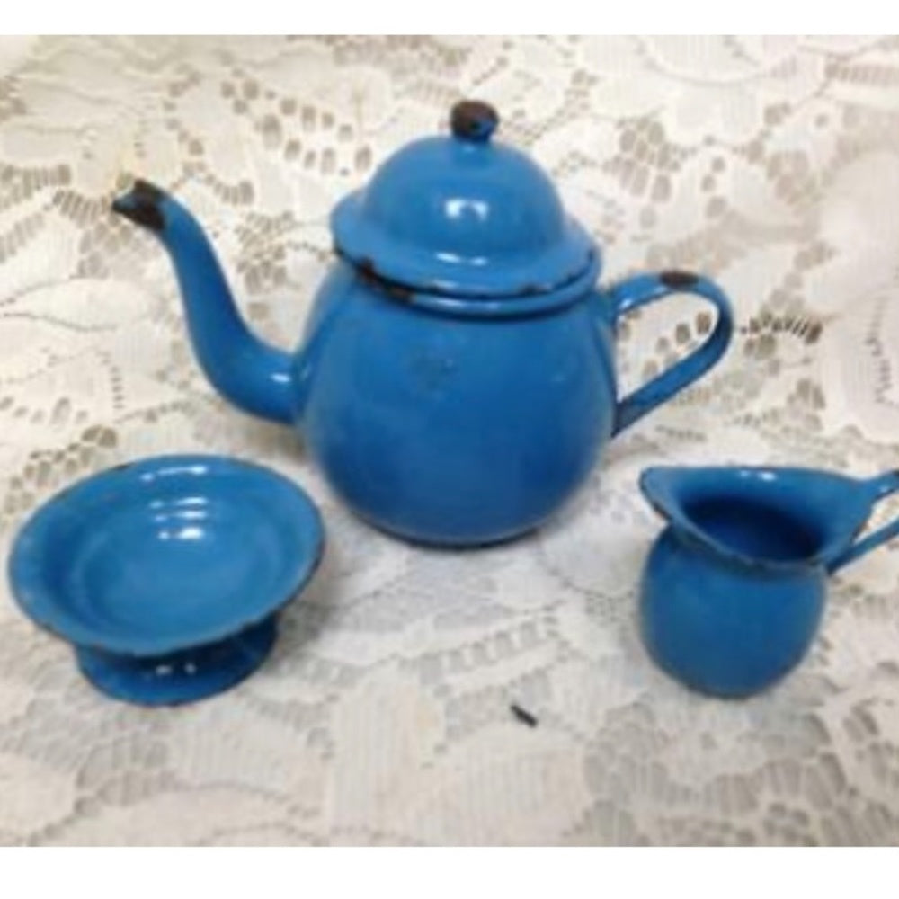Vintage 12-pc French Blue Enamelware, Child’s Tea Set