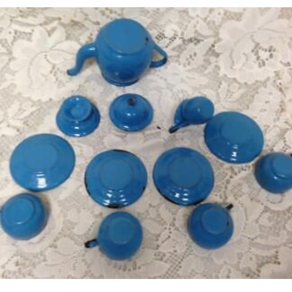 Vintage 12-pc French Blue Enamelware, Child’s Tea Set