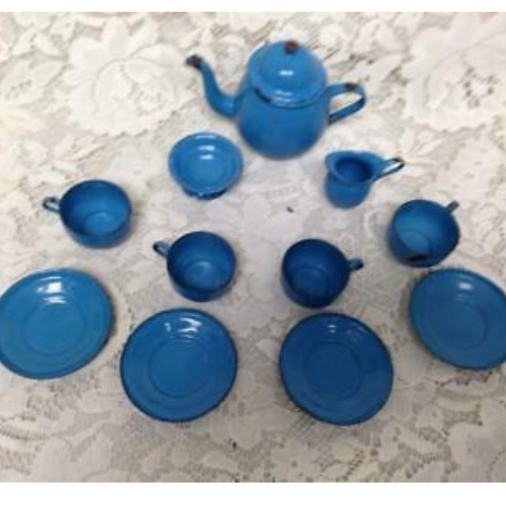 Vintage 12-pc French Blue Enamelware, Child’s Tea Set